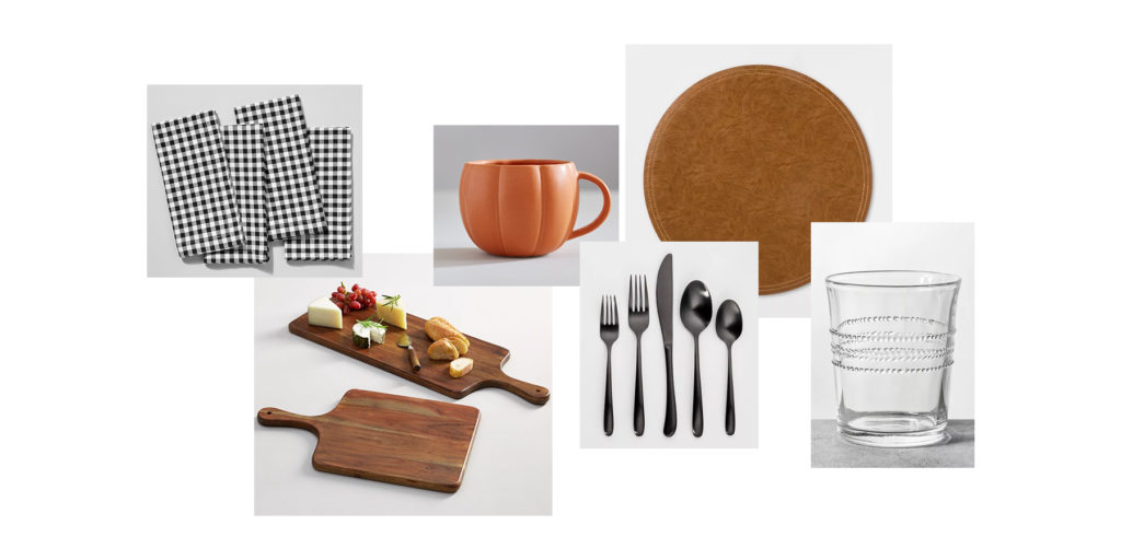 black gingham napkins, wooden serving tray, pumpkin mug, leather charger, black utensils, drinking glass