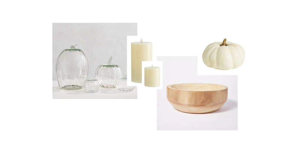 glass pumpkins, fake candles, wooden bowl, small white pumpkin